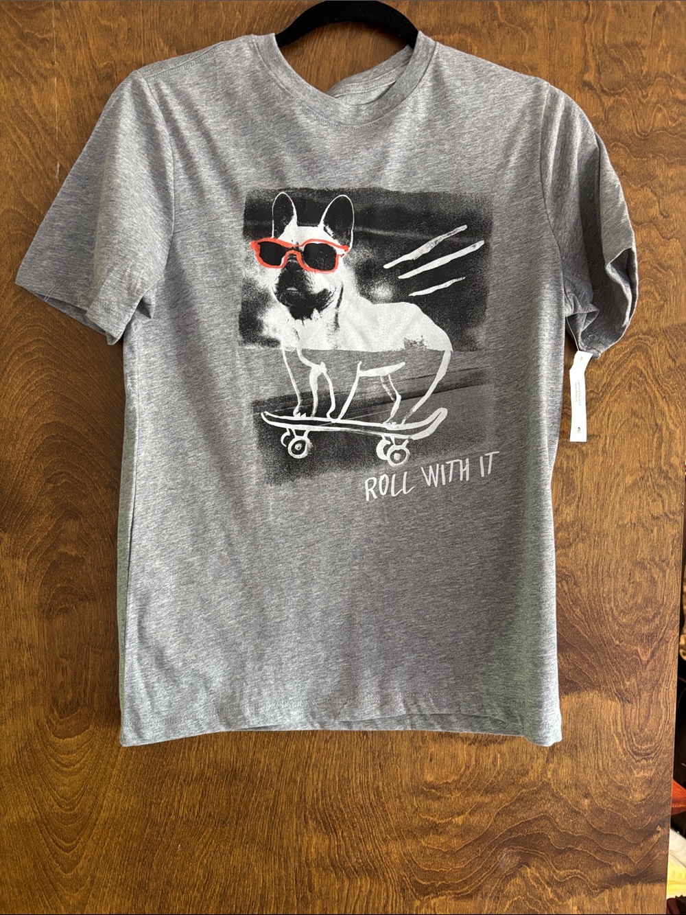 French Bull DogGray Graphic Tee with Skateboard and Red Sunglasses